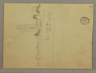 Dibujo, Bocetos de Italia: Edificio con torre, montaña y hombre, 29 de abril de 1869