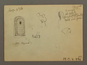 Dibujo, Bocetos de una estructura abovedada, barco y casa señorial, enero de 1868