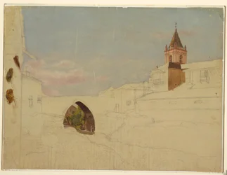 Dibujo, vista de ciudad sudamericana, 1857