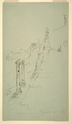 Dibujo, lado sur de la Acrópolis, Atenas desde el este, 20 de abril de 1869