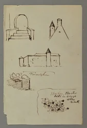 Dibujo, escalera, tejado con torre, muro de piedra, posiblemente 1869