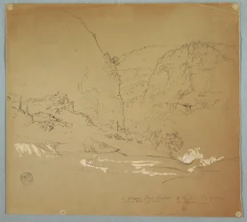Dibujo, Arroyo que conduce al borde de las cataratas cerca de la Hacienda Chillo, Ecuador, 26 de junio de 1857.