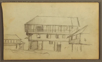 Dibujo, Esquina de calle en Guaquil, Ecuador; Verso: Bocetos botánicos, casa, Ecuador o Colombia, 1857