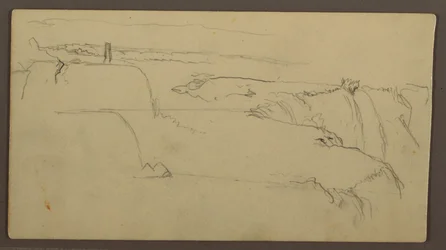 Dibujo, Puesta de sol sobre ribera con barco, 1858