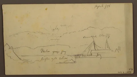 Dibujo, Puesta de sol sobre ribera con barco, 1858