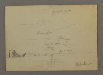 Dibujo, Puesta de sol sobre el mar, Barco de vapor, posiblemente 1868
