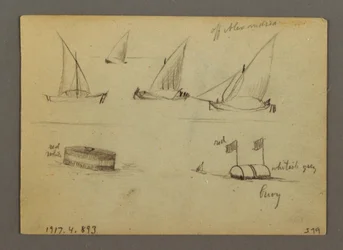 Dibujo, Puesta de sol sobre el mar, Barco de vapor, posiblemente 1868