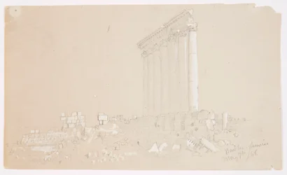 Dibujo, Templo de Júpiter al amanecer, Baalbek, 7 de mayo de 1868