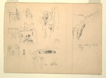 Dibujo, Diez estudios de tumbas y una vista de rocas, Petra, Jordania, 26 de febrero de 1868
