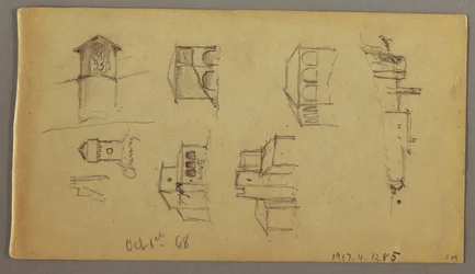 Dibujo, Tres estudios de un castillo en lo alto de una colina, 1 de octubre de 1868