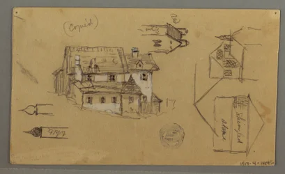 Dibujo, Casa de madera, Sky, Austria, 1 de agosto de 1868