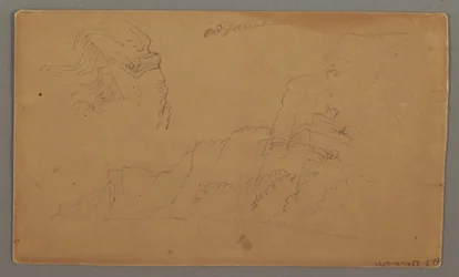 Dibujo, Casa de madera, dos veleros, estudios del tejado, posiblemente 1868