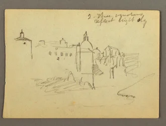 Dibujo, edificios de la ciudad, posiblemente 1868-69