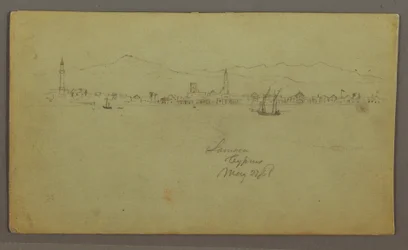 Dibujo, Ciudad junto a la costa, cordillera detrás, 27 de mayo de 1868