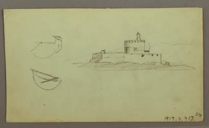 Dibujo, Ciudad junto a la costa, cordillera detrás, 27 de mayo de 1868