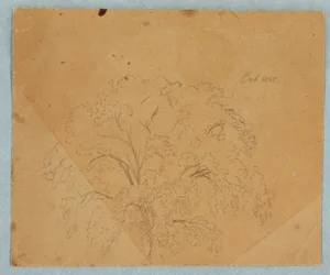 Dibujo, Árbol; Verso: Vista de una iglesia, dos inglesas de 1636, estudio de un caballo, octubre de 1845