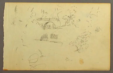 Dibujo, Árboles, puente, caras de perfil, posiblemente 1844