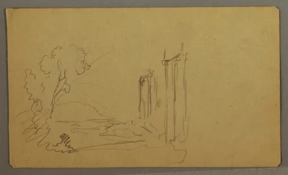 Dibujo, Árboles, columnas clásicas, posiblemente 1865-66