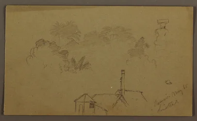 Dibujo, Árboles, figura, casa Linstead, mayo 1865