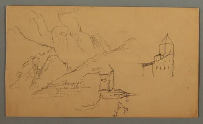 Dibujo, Dos iglesias, Valle, Cascada, 1868