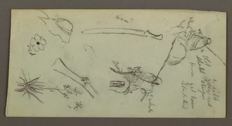 Dibujo, Dos figuras montando a caballo, portando lanzas, espadas, la parte inferior de un cañón, etc., posiblemente 1868