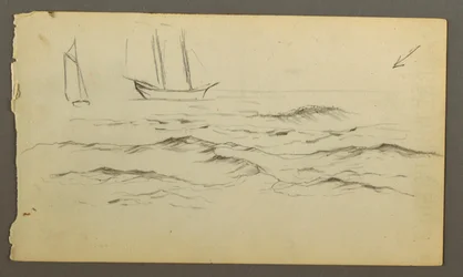 Dibujo, Dos veleros, olas, posiblemente 1860