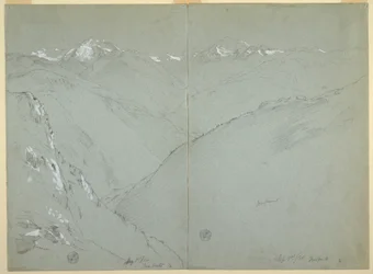 Dibujo, Paisaje de valle con picos nevados, Alpes berneses, Suiza, 1ª parte, 1 de septiembre de 1868