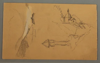 Dibujo, Valle, Torre, Iglesia, posiblemente 1868