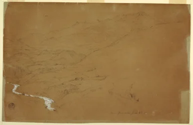Dibujo, Valle con un arroyo y casas, cerca de Guaranda, Ecuador, 4 de junio de 1857