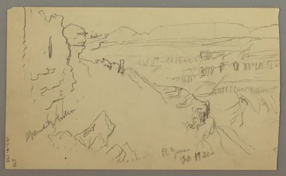 Dibujo, Vista de las colinas y la llanura hacia las montañas, Valle de El Yemen, febrero de 1868