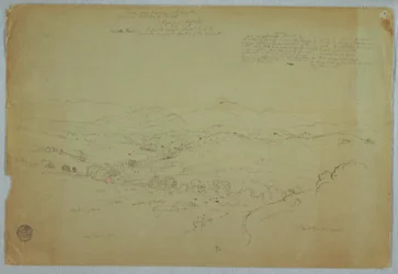 Dibujo, Vista cerca de Popayán incluyendo el volcán Monte Purese,Río Cauca, Colombia, 8 de agosto de 1853.