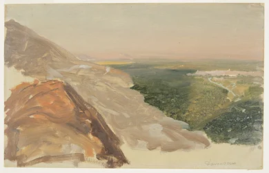 Dibujo, Vista de una llanura con Damasco, Siria, desde las montañas., mayo de 1868