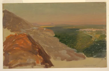 Dibujo, Vista de una llanura con Damasco, Siria, desde las montañas., mayo de 1868