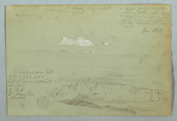 Dibujo, Vistas del volcán Artisana desde o cerca de Quito, y un cielo nublado sobre una cresta montañosa, Ecuador, 23 de junio de 1857.