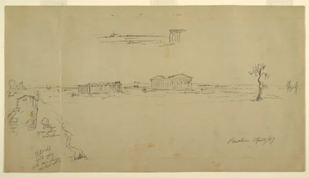 Dibujo, Vistas de la Basílica y el Templo de Neptuno, Paestum, Italia, abril de 1869
