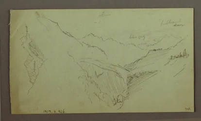 Dibujo, Pueblo y valle escarpado (Alpes), 1868-69