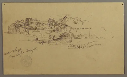 Dibujo, Noria con una pila en un jardín, Jaffa, Palestina [Tel Aviv, Israel], marzo de 1868