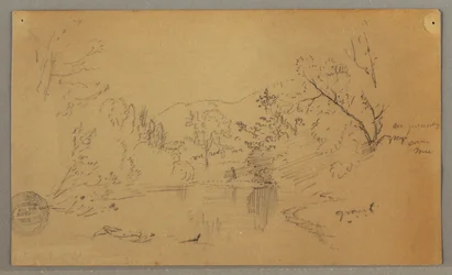 Dibujo, Río sinuoso en un valle boscoso, Vermont, octubre de 1865