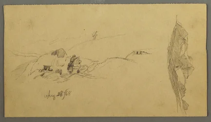 Dibujo, Mujeres lavándose en un abrevadero, Montañas, 28 de agosto de 1868