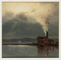 Río Hudson con fábrica a la luz de la luna