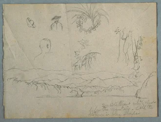 Orilla del río con montañas y nubes, tres bocetos botánicos y estudios de bustos de hombres con sombreros