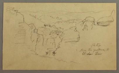 Boceto. Vista de Khirbet en Wasara "Petra / desde el camino a / El Deir"