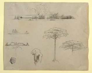 Bocetos de Colombia: Paisaje fluvial, hombres en balsas y árboles