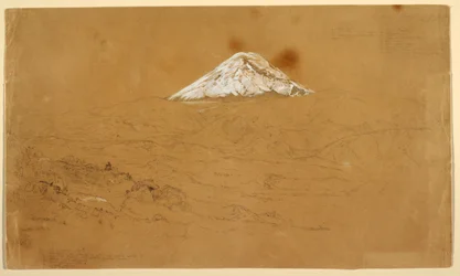 Vista del Monte Chimborazo cubierto de nieve dibujado cerca de Guanojo y Guaranda, Ecuador
