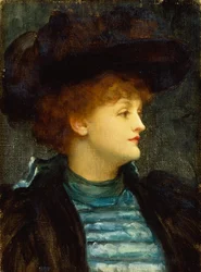 Retrato de mujer con vestido turquesa con abrigo negro y sombrero (óleo sobre lienzo)