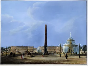 Vista del Obelisco de Luxor y las fuentes, Place de la Concorde - en "París 1832" por Martens. Ed. Weith y Hauser.