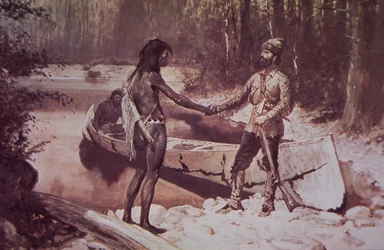 Trampero franco-canadiense haciendo negocios con nativo americano, finales del siglo XIX