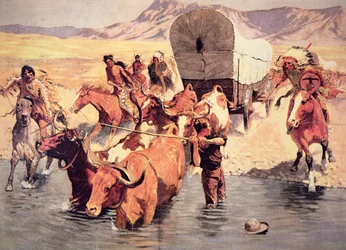 Indios atacando un tren de vagones pioneros