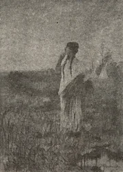 Como un fantasma que se va al amanecer, vio a una doncella caminando, de La canción de Hiawatha de Henry Wadsworth Longfellow, pub. por George G. Harrap y Compañía Ltd., 1911
