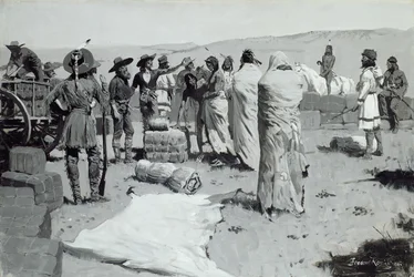 El intérprete saludó al joven, c. 1900